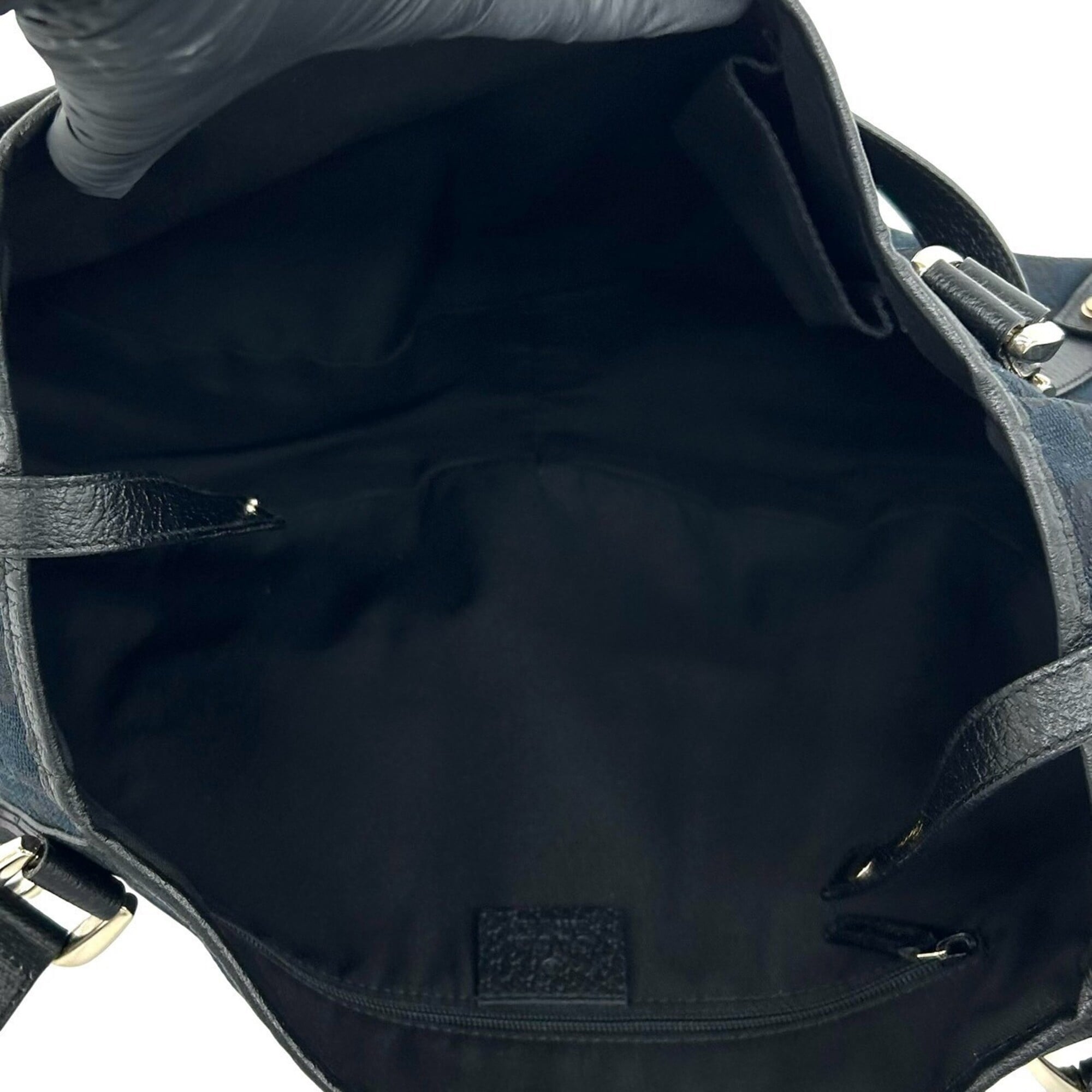 Gucci Black Navy Canvas Leather Shoulder Bag Tote Bag (Pre-Owned)