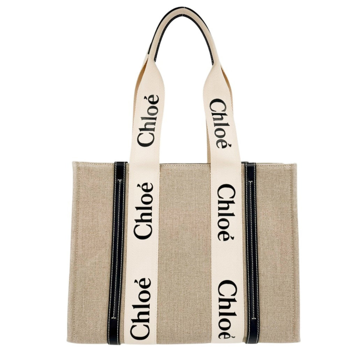 Chloé Beige Black Linen Canvas Leather Handbag (Pre-Owned)