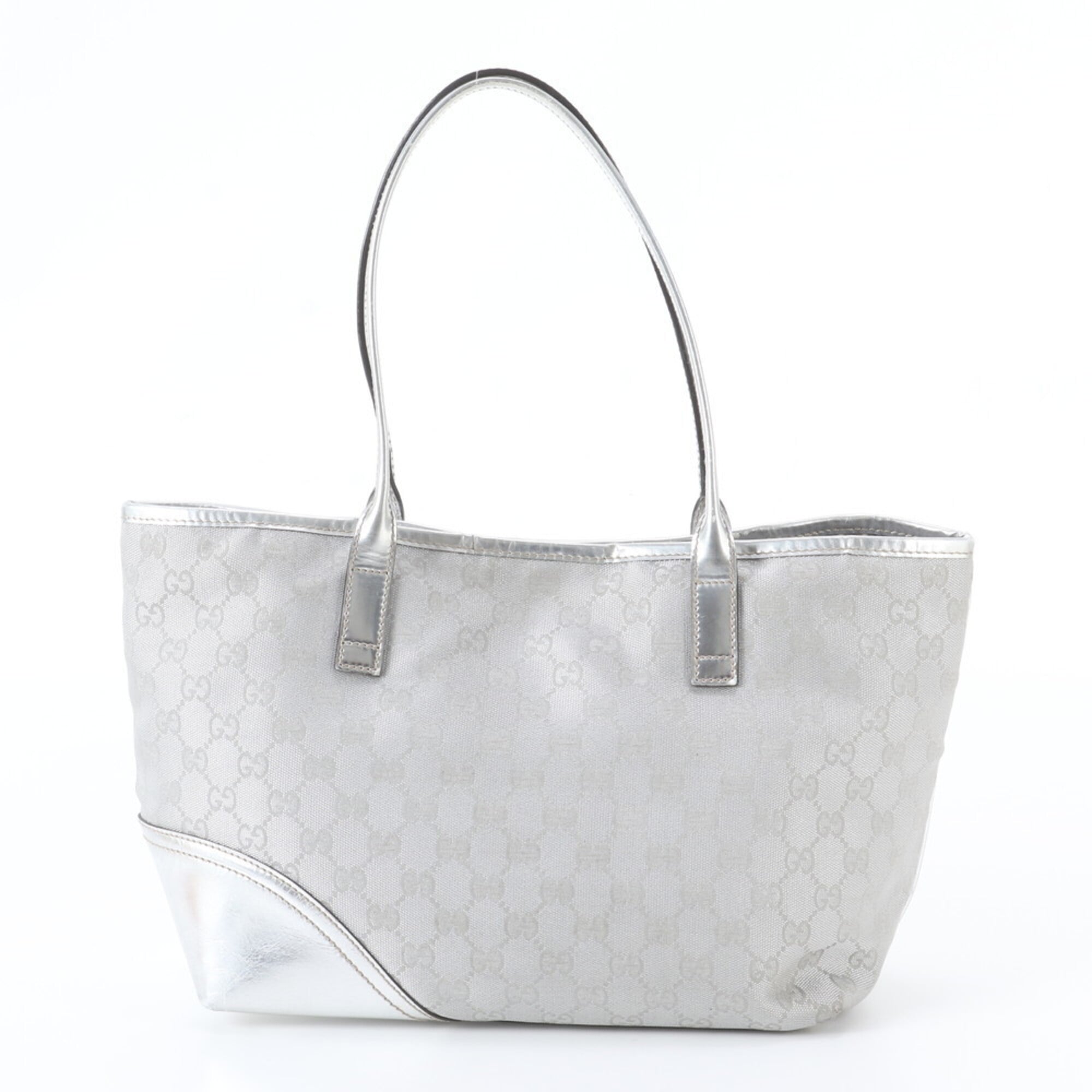 Gucci Silver Leather Canvas Handbag Shoulder Bag Tote Bag (Pre-Owned)