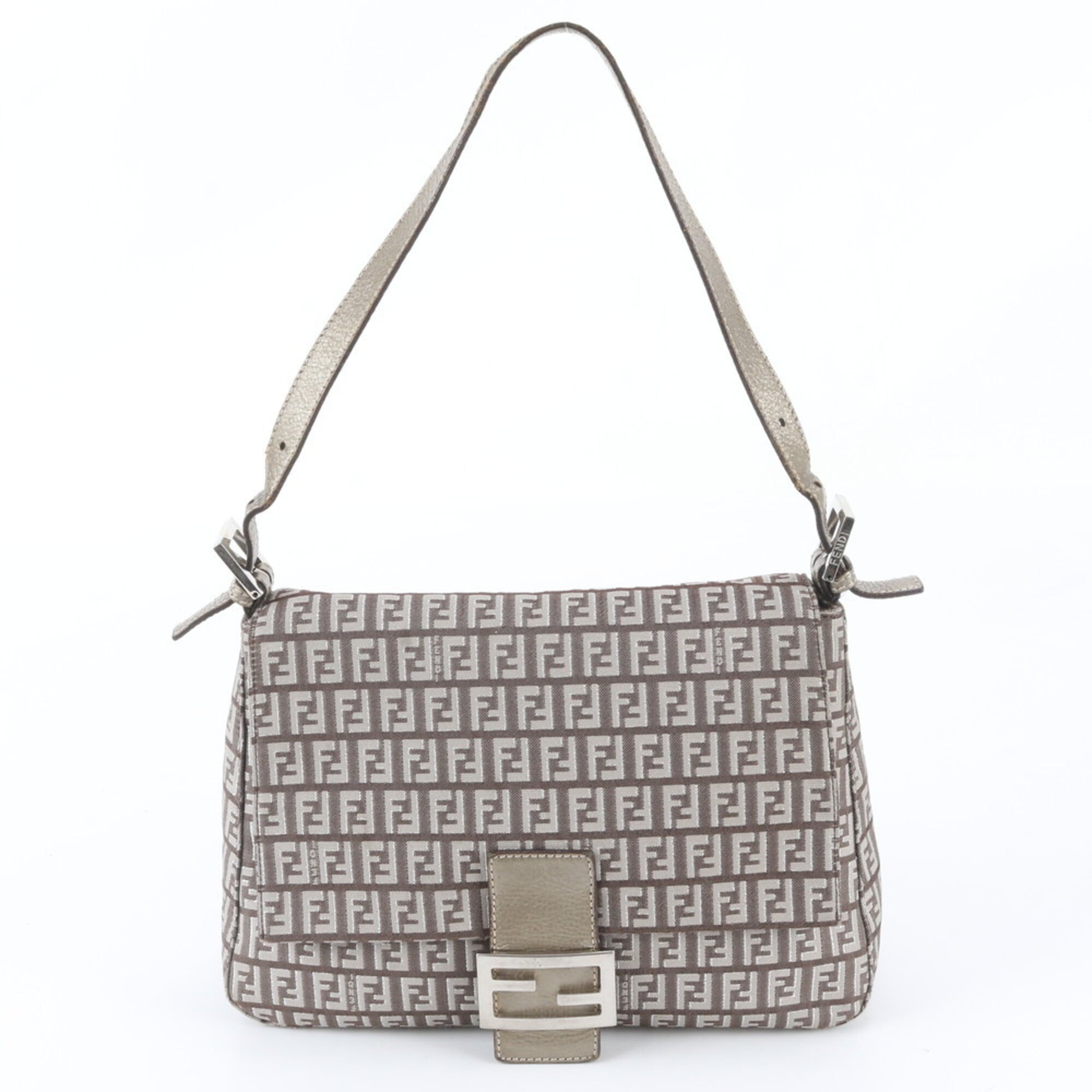 Fendi Anna Beige Silver Leather Canvas Handbag Shoulder Bag Tote Bag (Pre-Owned)