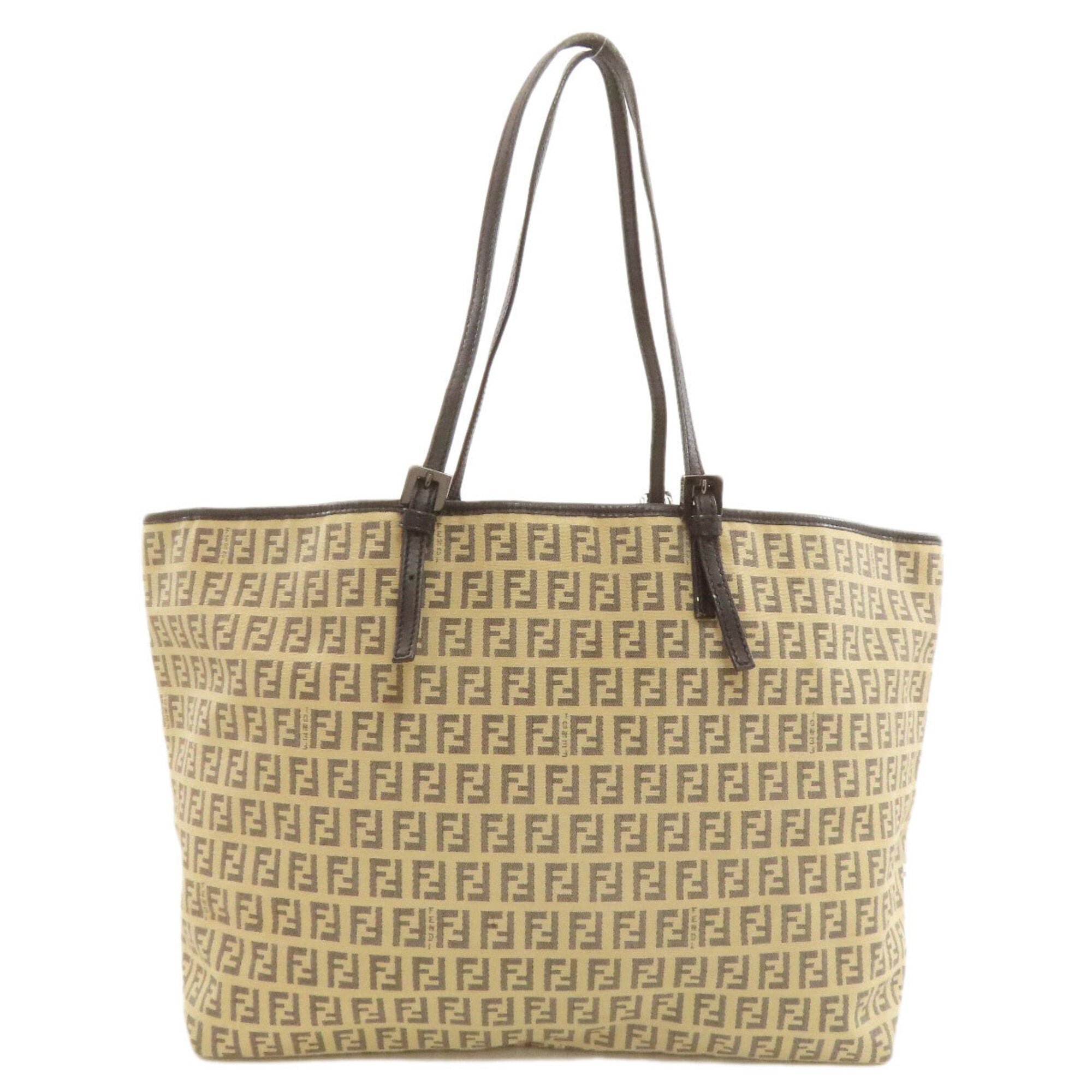 Fendi Zucca Beige Black Canvas Leather Tote Bag (Pre-Owned)