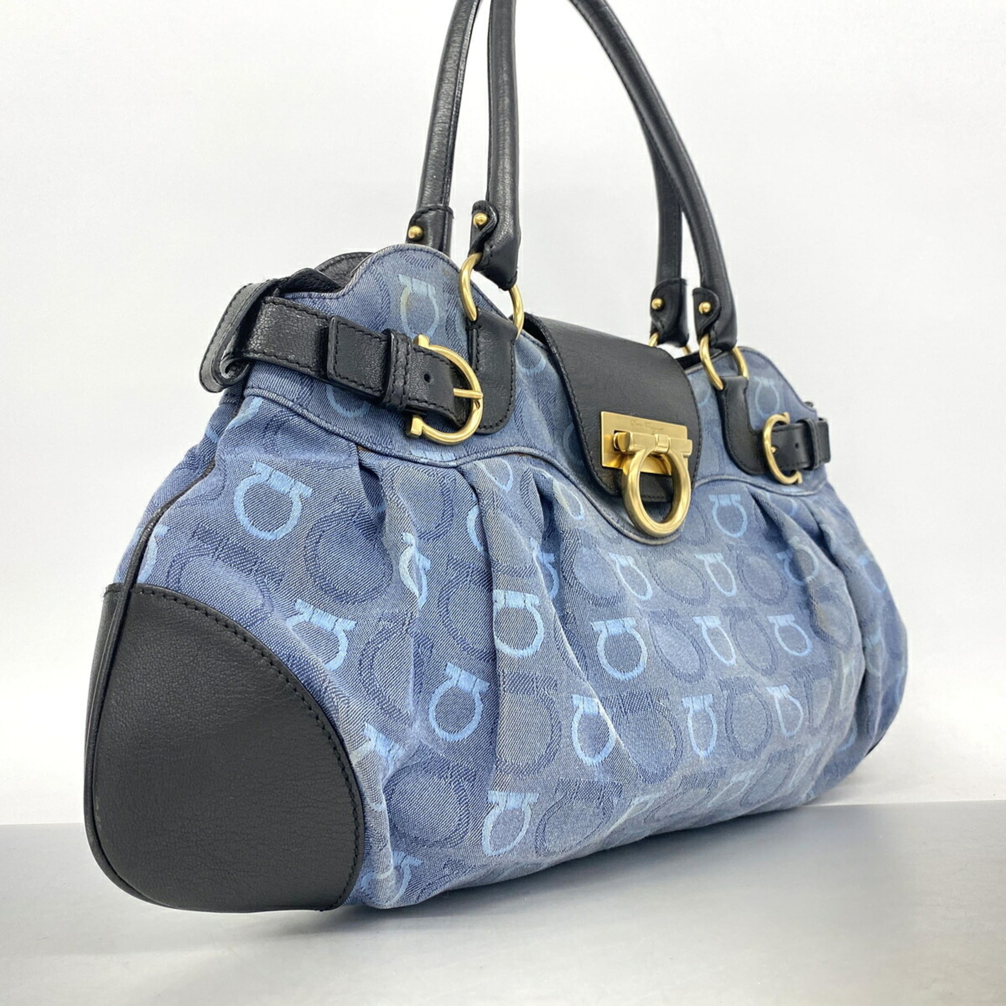 Salvatore Ferragamo Black Blue Canvas Handbag (Pre-Owned)