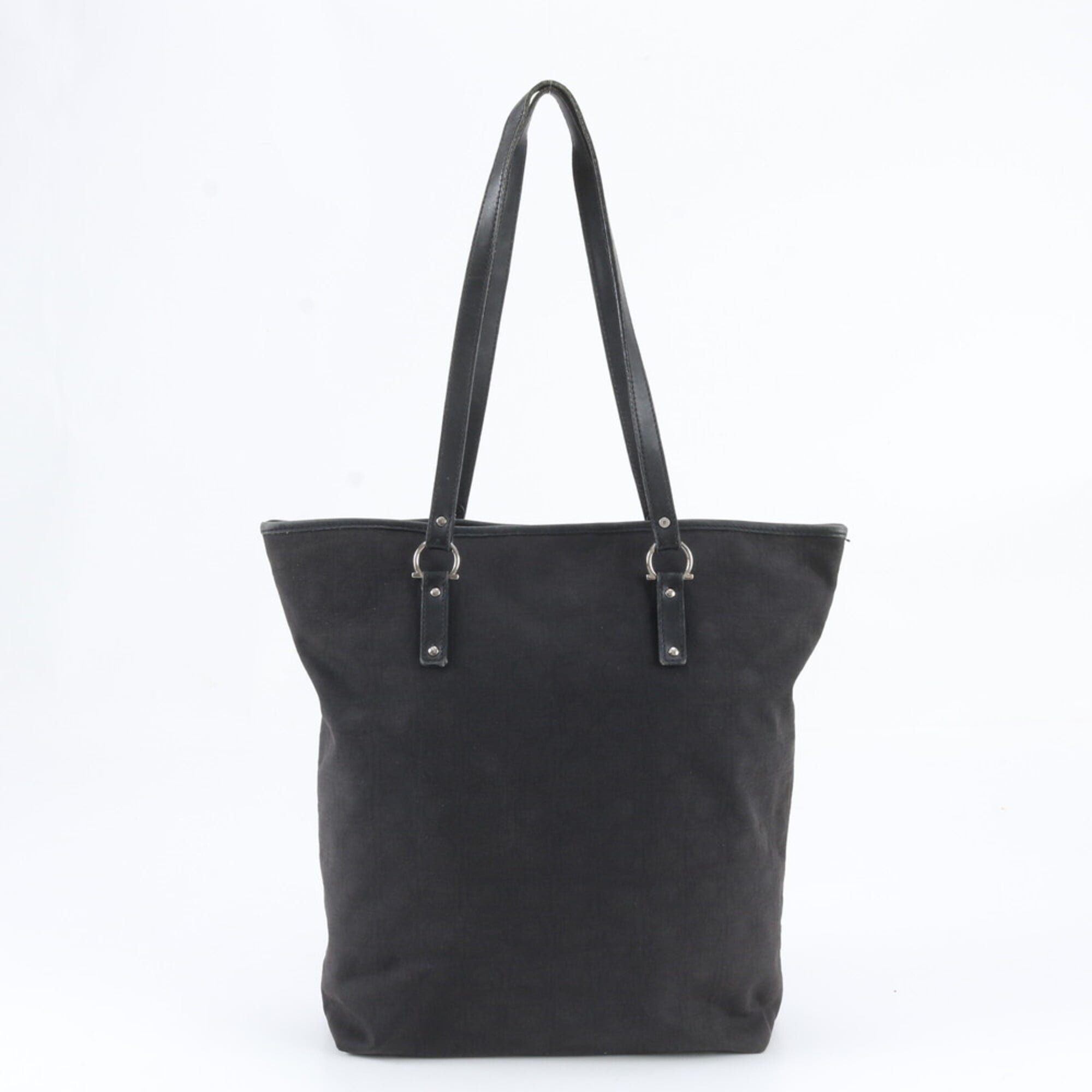 Salvatore Ferragamo Black Leather Canvas Shoulder Bag Tote Bag (Pre-Owned)