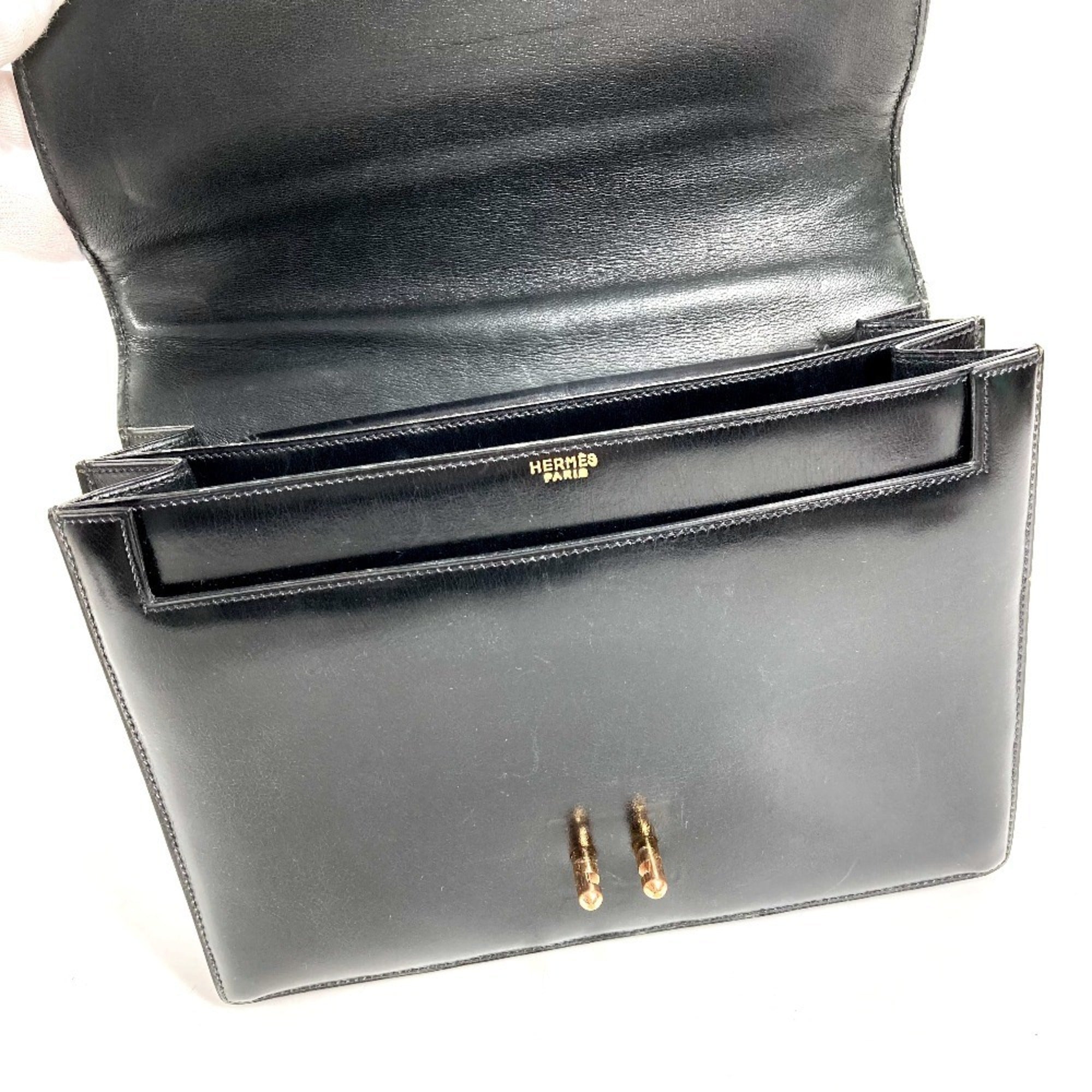 Hermes Black Box Calf Leather Handbag Tote Bag (Pre-Owned)