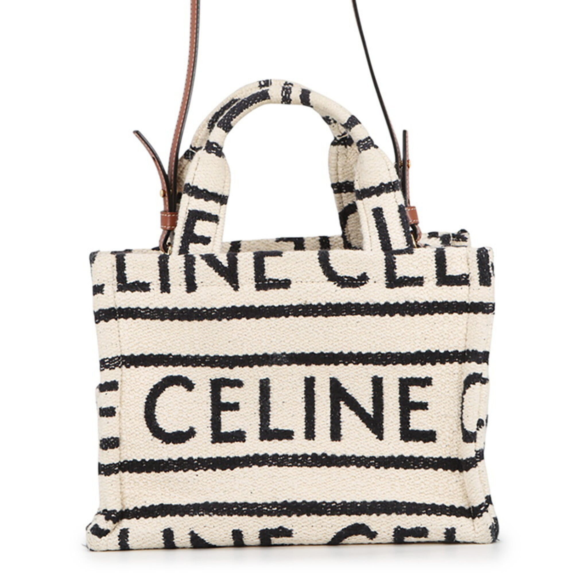 Celine Cabas Black White Cotton Leather Handbag Shoulder Bag (Pre-Owned)