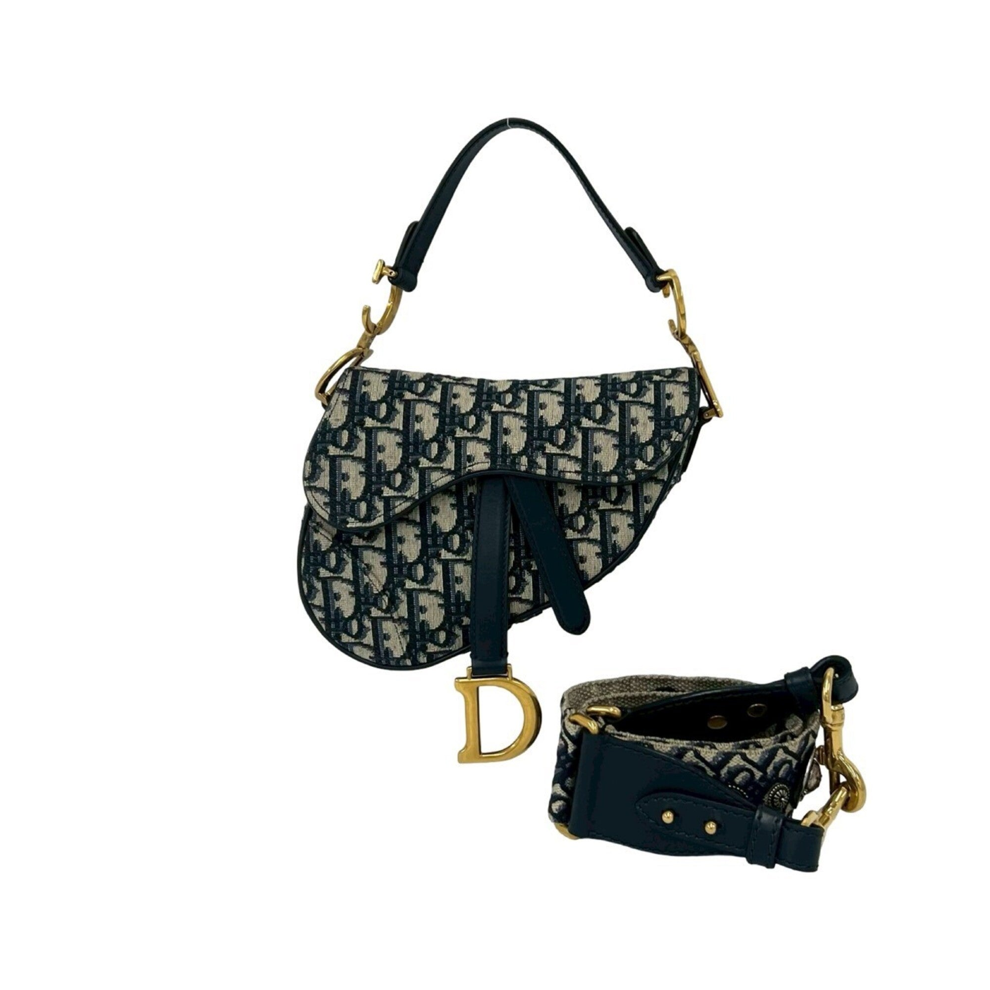 Christian Dior Navy Canvas Leather Handbag Saddle Bag Shoulder Bag (Pre-Owned)