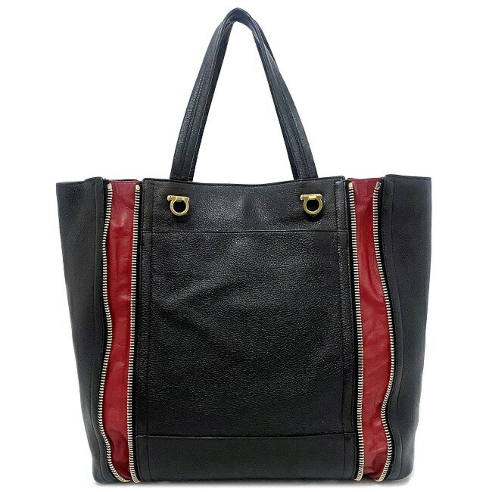 Salvatore Ferragamo Gancini Black Gold Leather Tote Bag (Pre-Owned)