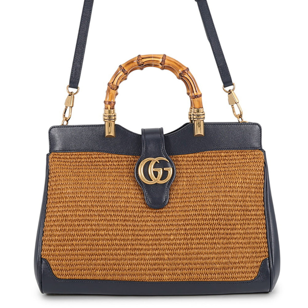 Gucci Gg Marmont Brown Navy Raffia Leather Handbag Shoulder Bag (Pre-Owned)