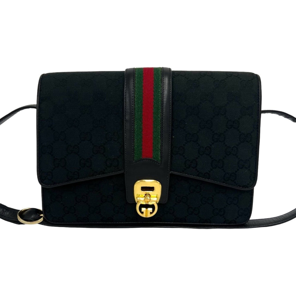 Gucci Black Green Red Color Canvas Leather Pochette Shoulder Bag (Pre-Owned)