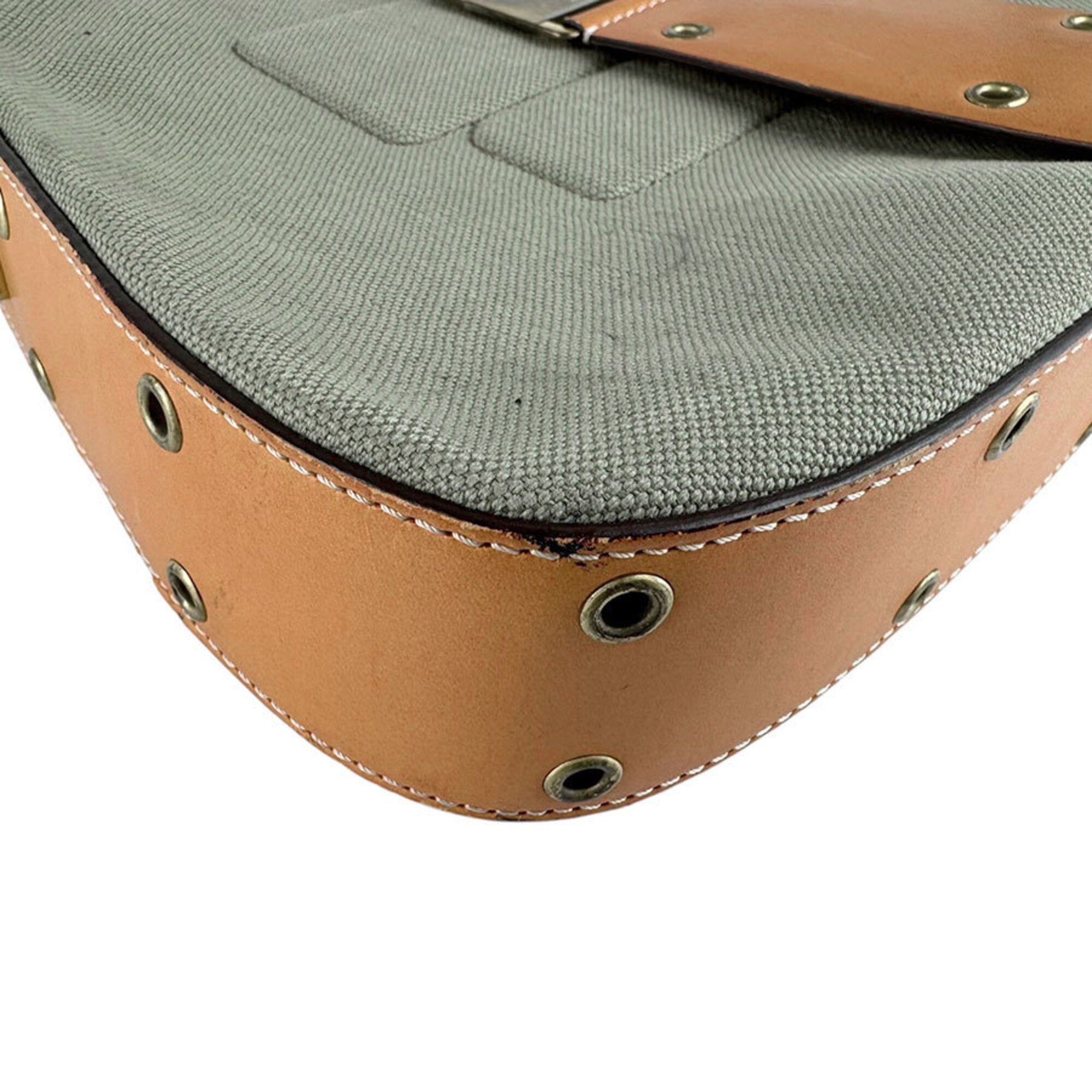Christian Dior Brown Green Canvas Leather Shoulder Bag (Pre-Owned)