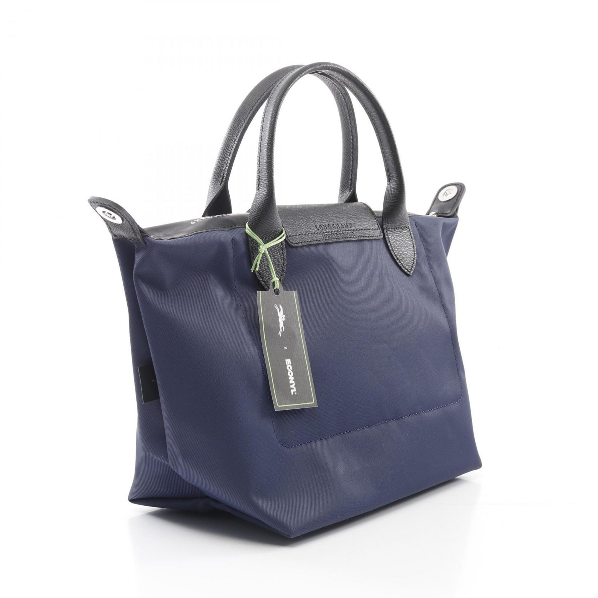 Longchamp Black Navy Canvas Leather Tote Bag (Pre-Owned)