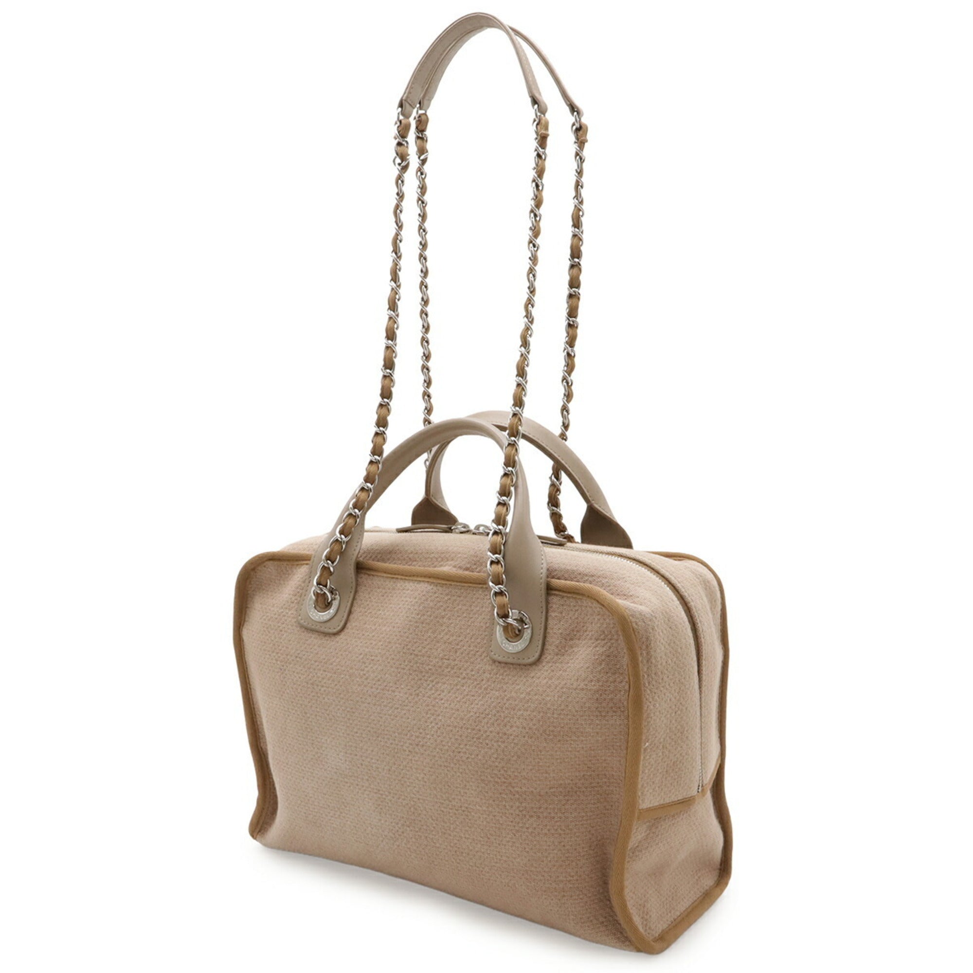Chanel Beige Brown Grayish Canvas Leather Handbag Shoulder Bag (Pre-Owned)