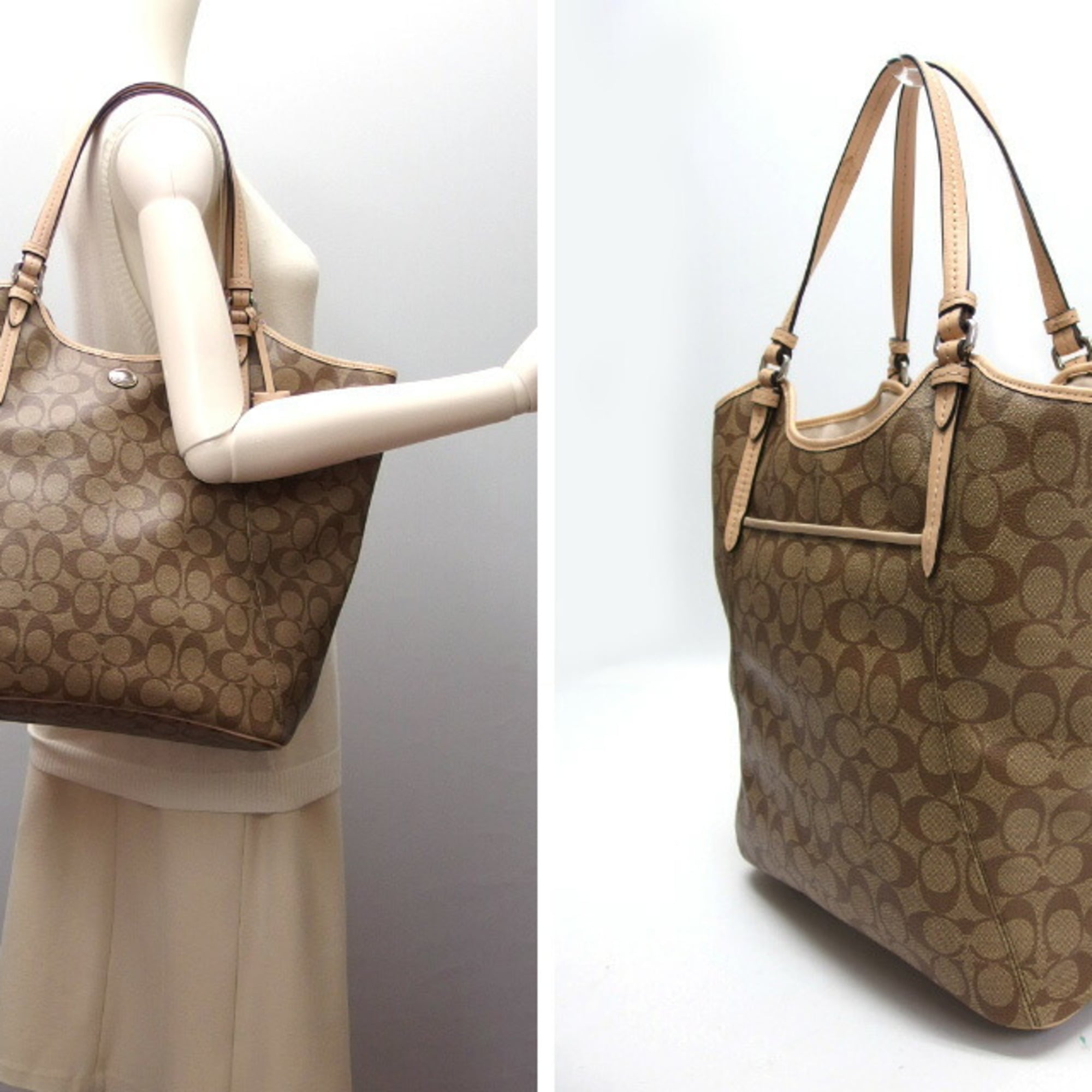 Coach Beige Brown Coated Canvas Leather Shoulder Bag Tote Bag (Pre-Owned)