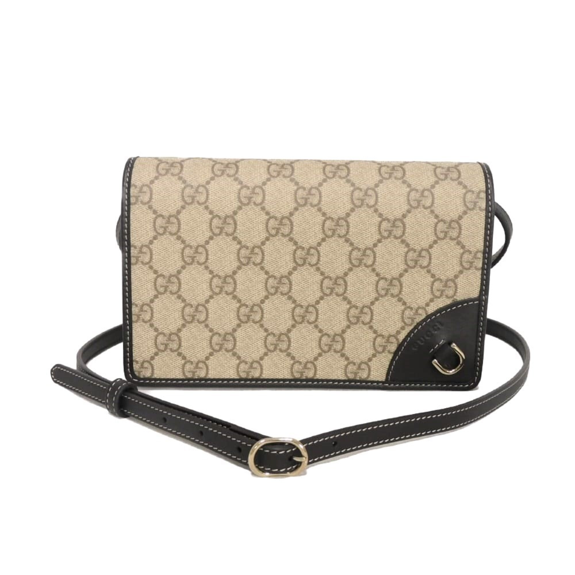 Gucci Beige Black Gg Supreme Leather Shoulder Bag (Pre-Owned)