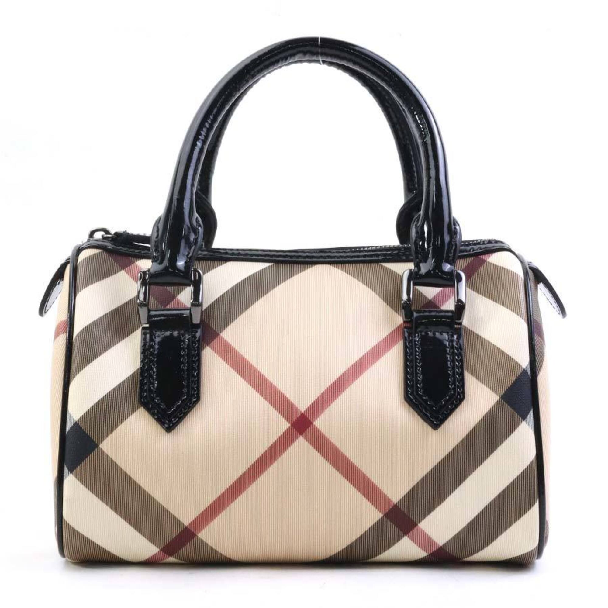 Burberry Beige Black Coated Canvas Patent Leather Handbag (Pre-Owned)