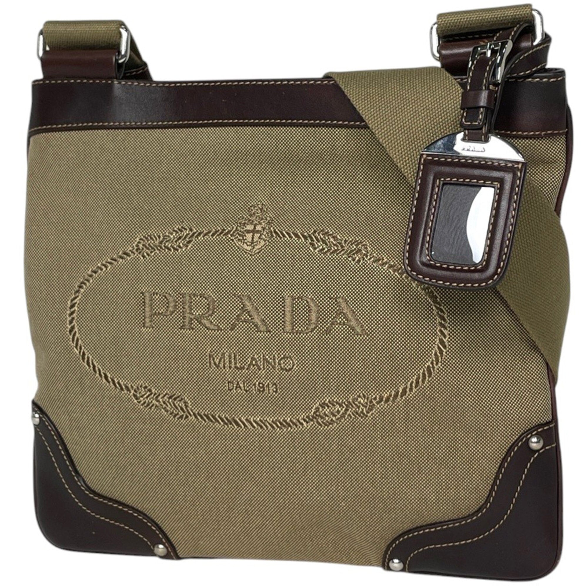 Prada Beige Brown Canvas Leather Shoulder Bag (Pre-Owned)