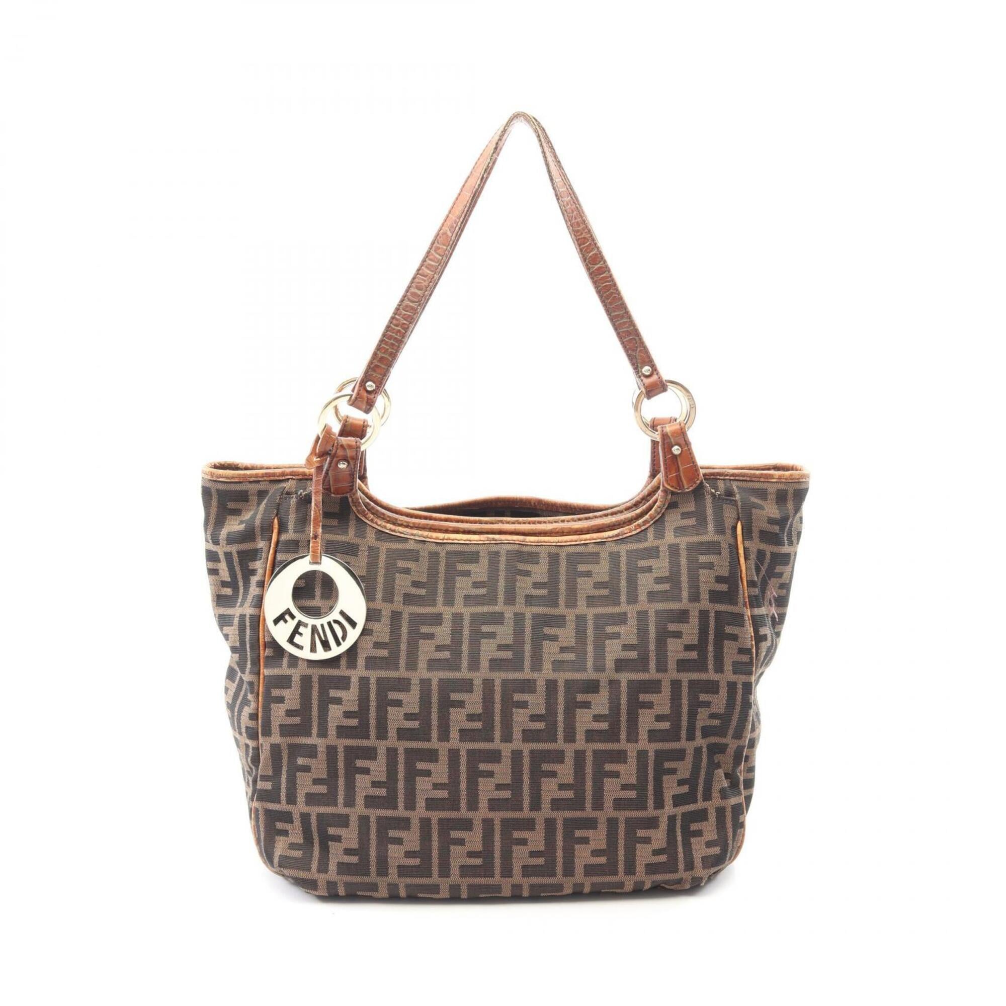 Fendi Brown Leather Nylon Canvas Handbag Tote Bag (Pre-Owned)