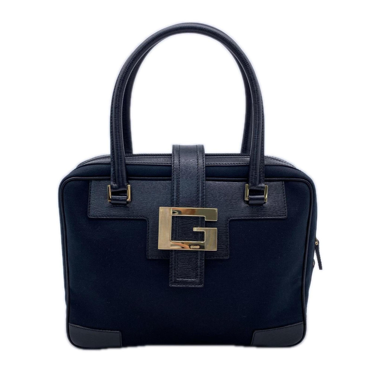 Gucci Black Navy Canvas Leather Handbag (Pre-Owned)