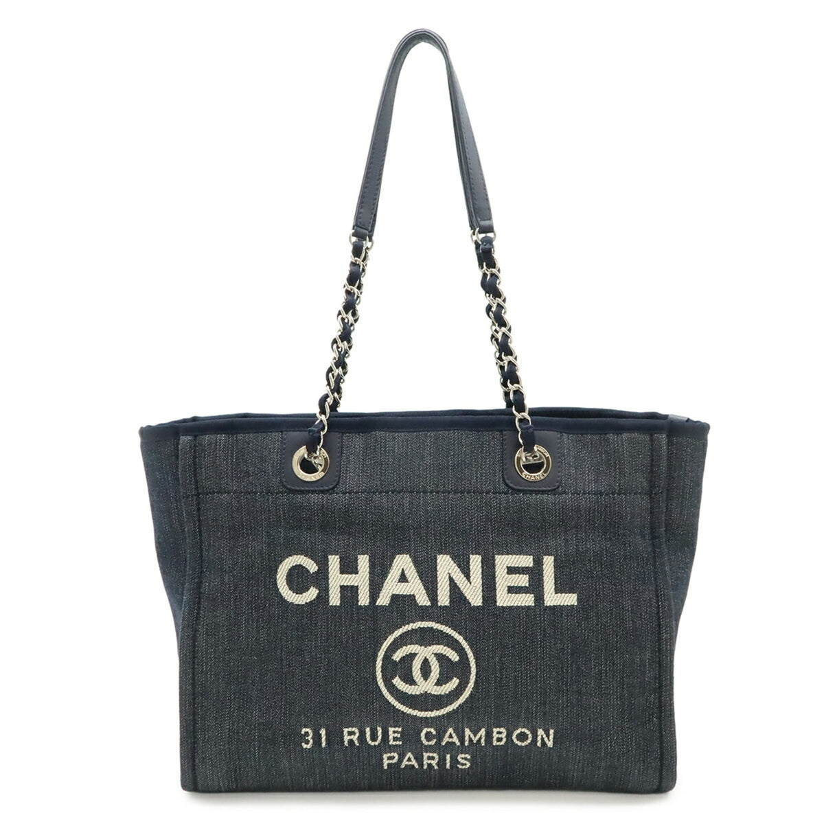 Chanel Navy Denim Leather Shoulder Bag Tote Bag (Pre-Owned)