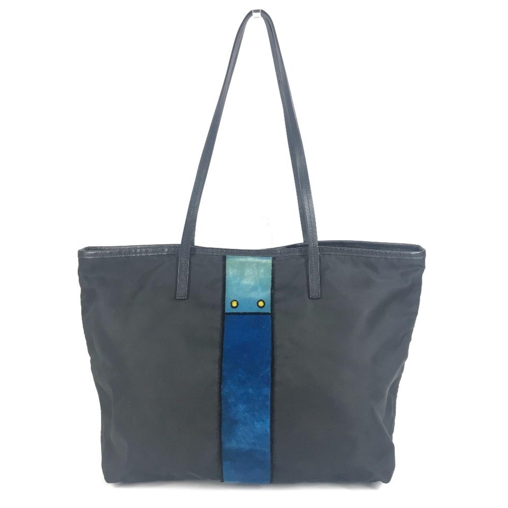 Prada Black Blue Leather Nylon Shoulder Bag Tote Bag (Pre-Owned)
