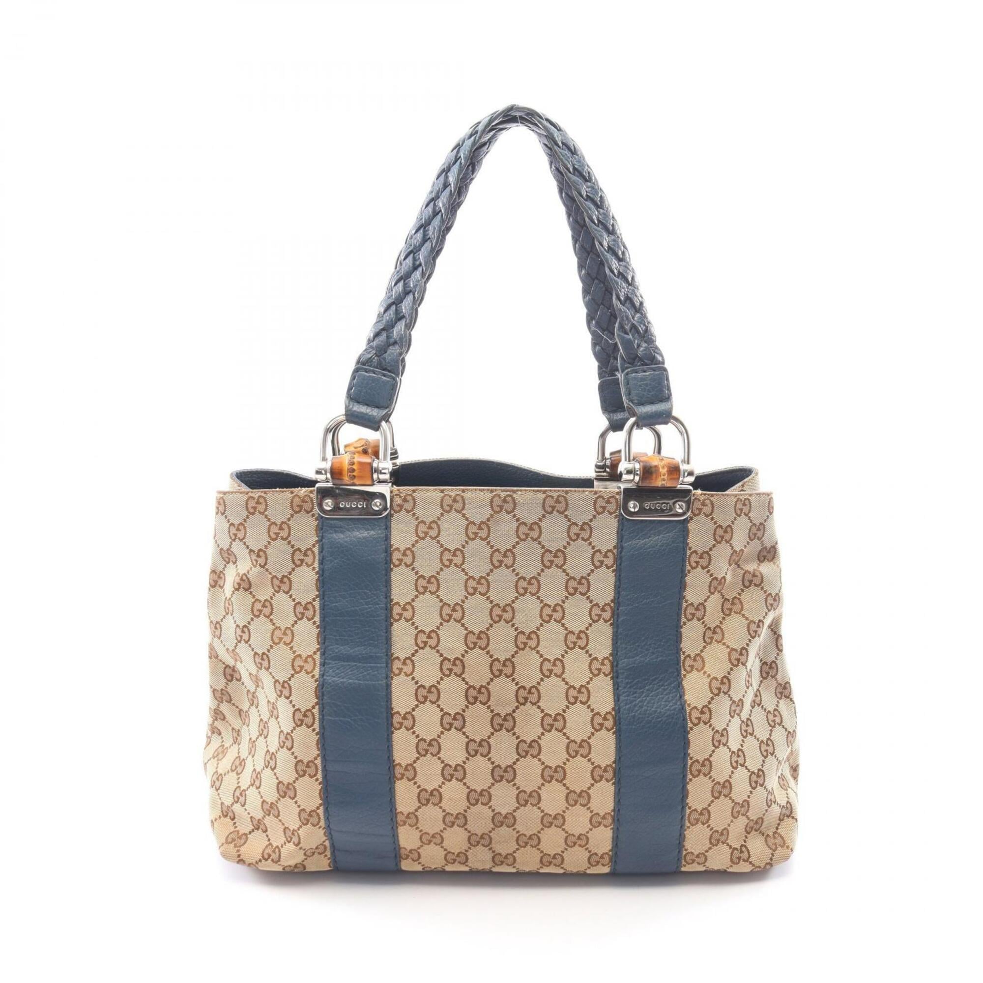 Gucci Beige Blue Canvas Leather Handbag Tote Bag (Pre-Owned)