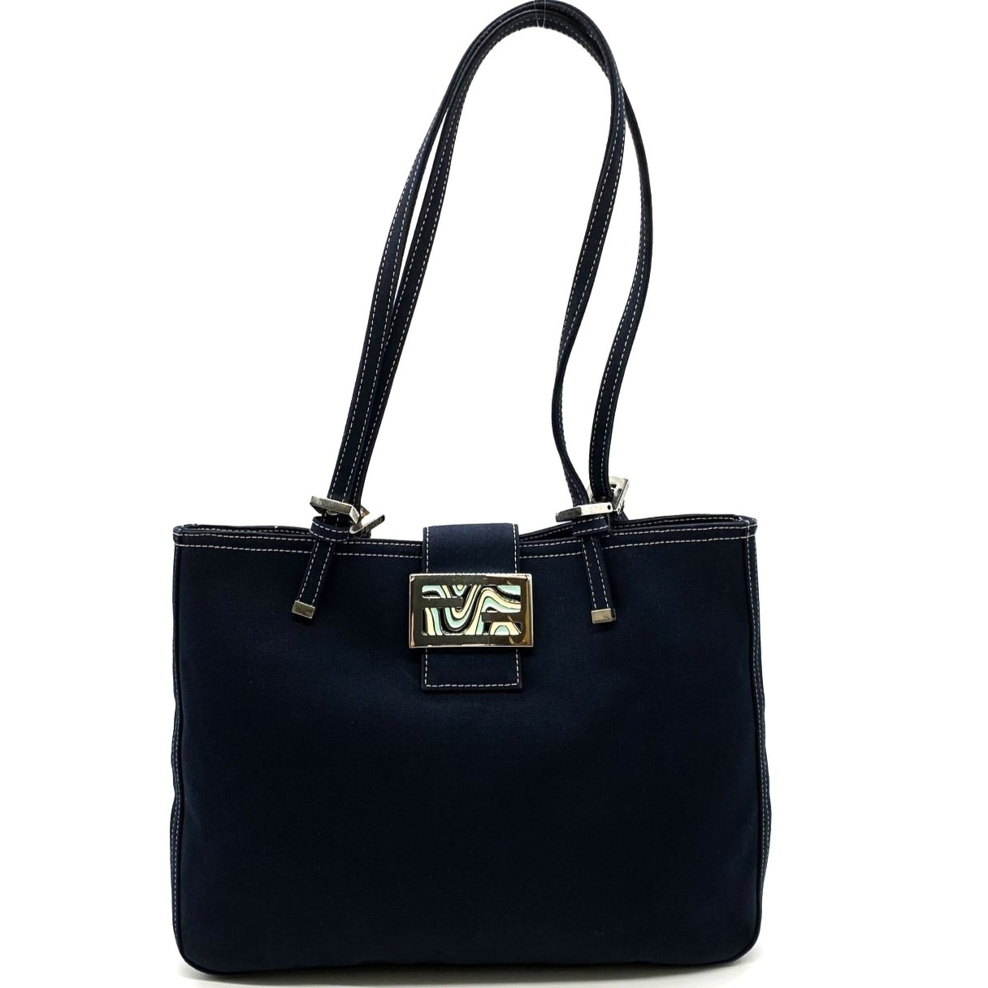 Fendi Navy Canvas Shoulder Bag Tote Bag (Pre-Owned)