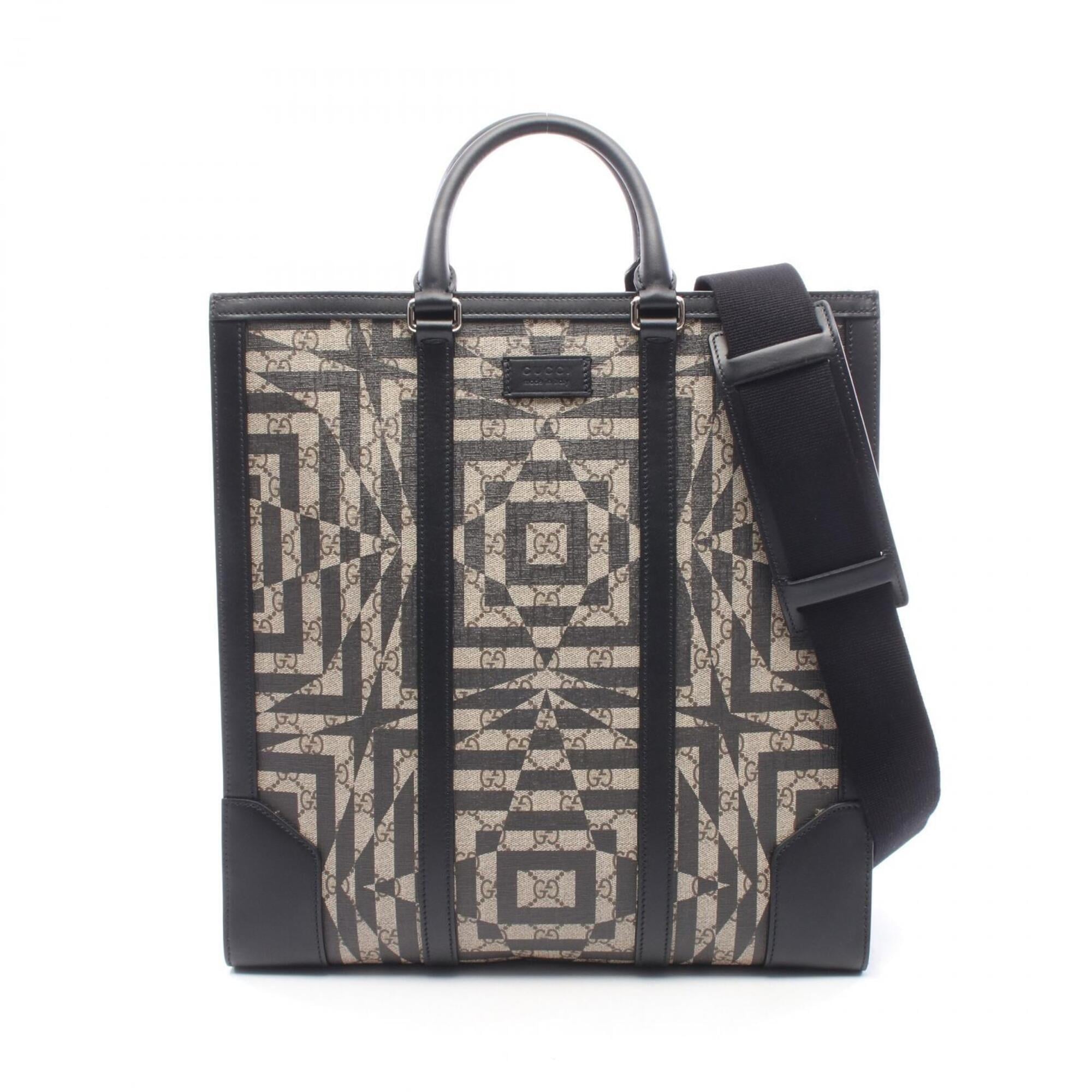 Gucci Beige Black Brown Coated Canvas Leather Handbag Tote Bag (Pre-Owned)