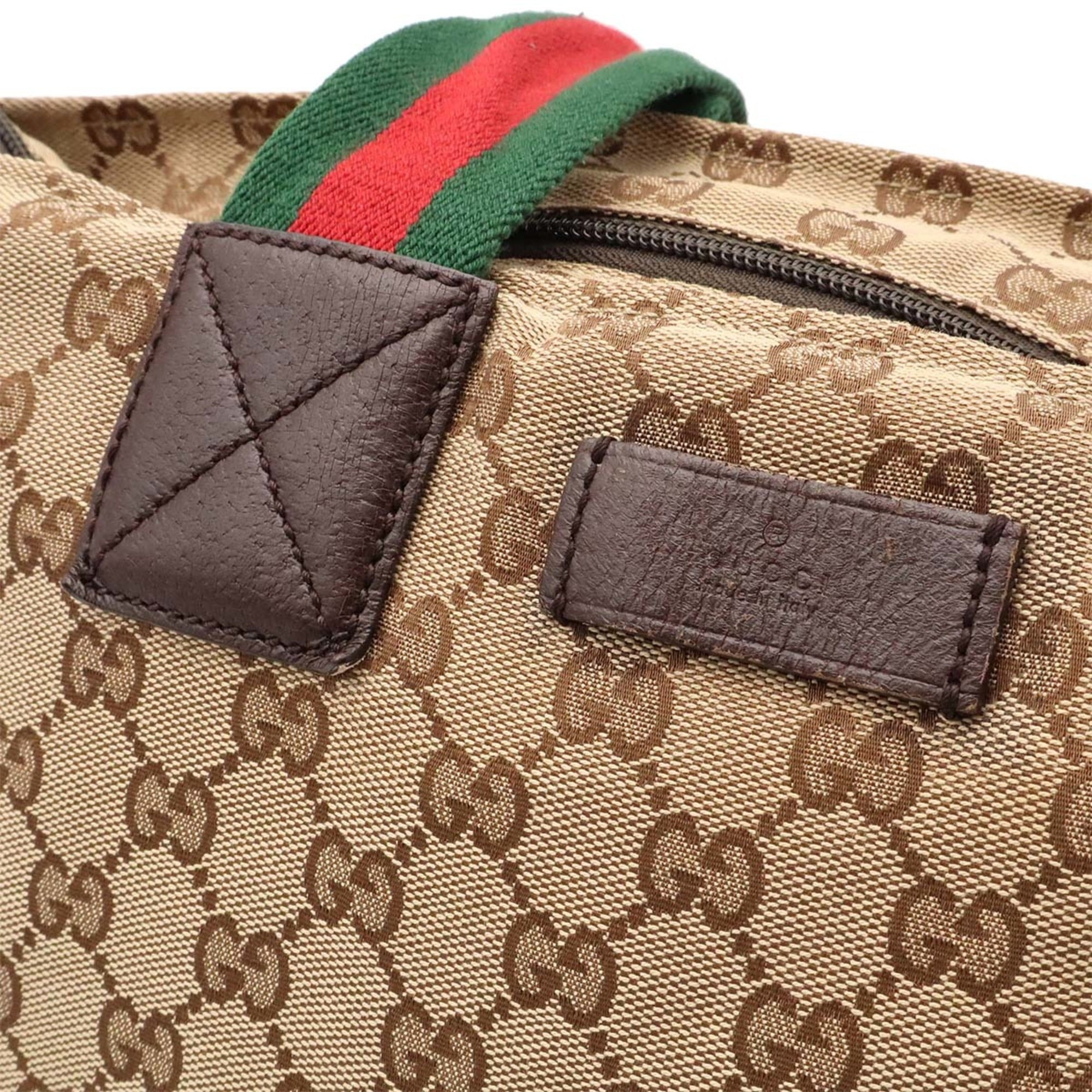 Gucci Beige Dark Brown Green Red Color Nylon Canvas Leather Shoulder Bag Tote Bag (Pre-Owned)