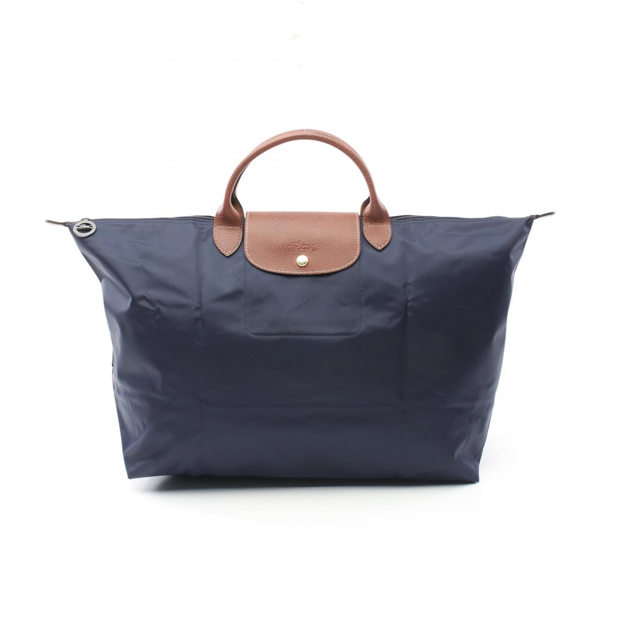 Longchamp Brown Navy Nylon Leather Tote Bag