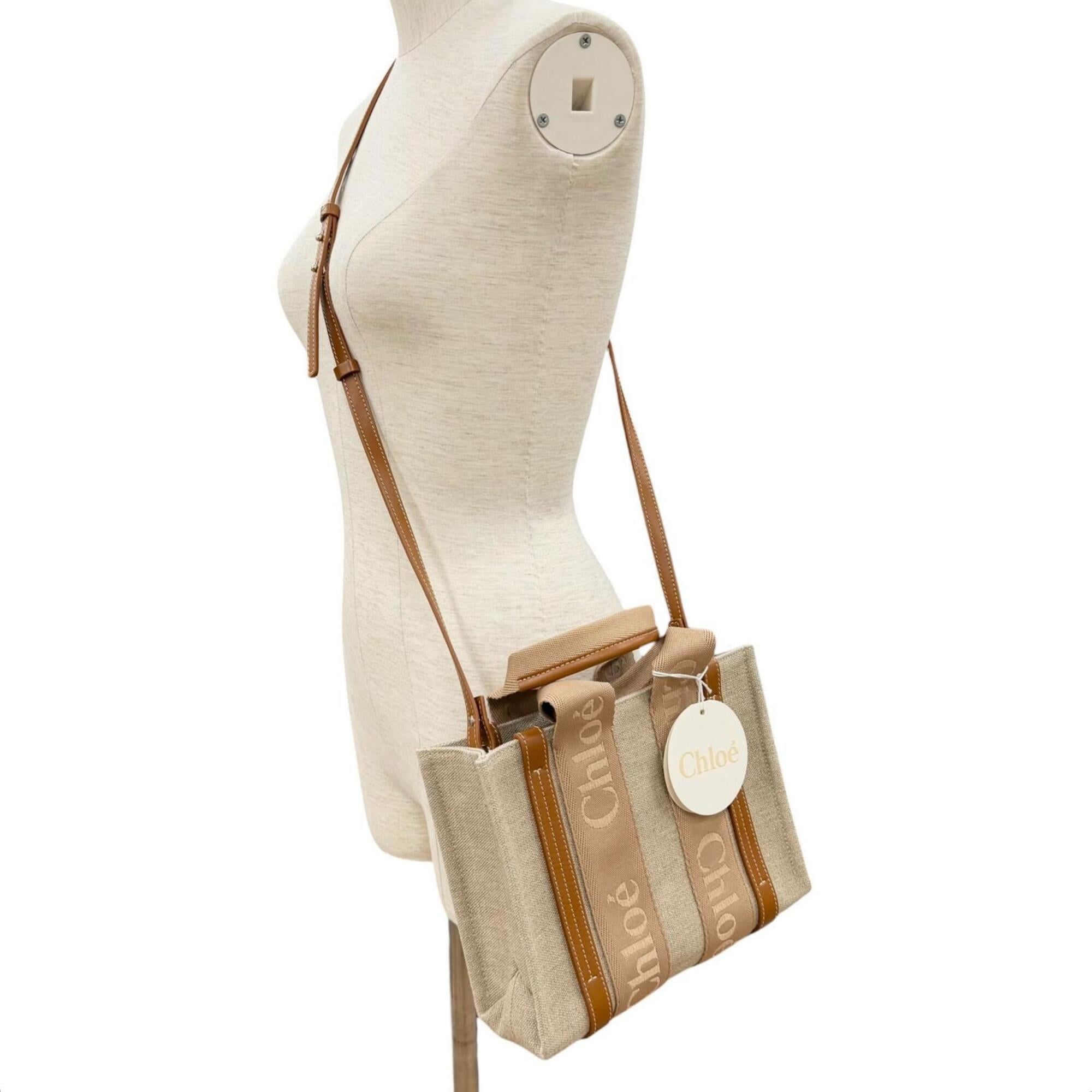 Chloé Beige Leather Linen Handbag Tote Bag (Pre-Owned)