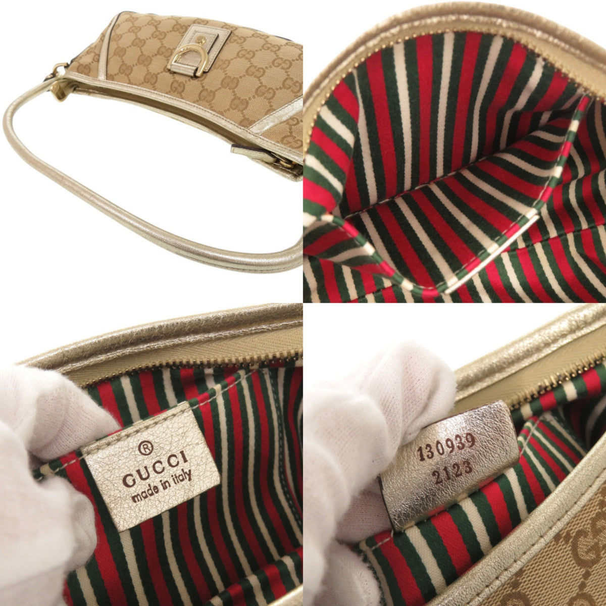 Gucci Beige Gold Gg Canvas Leather Shoulder Bag (Pre-Owned)