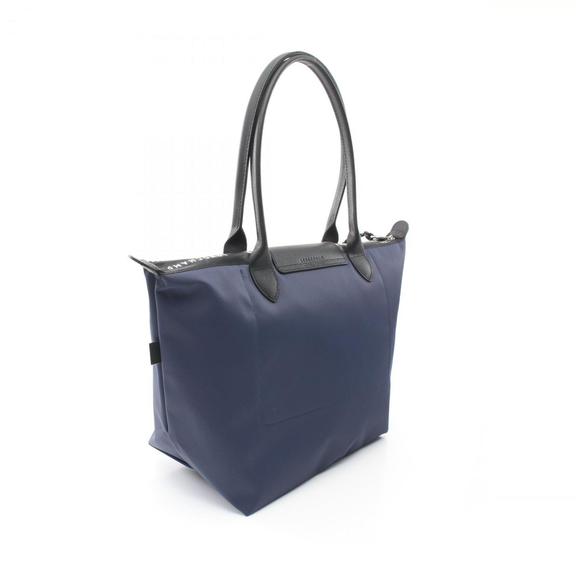 Longchamp Black Navy Nylon Leather Tote Bag (Pre-Owned)