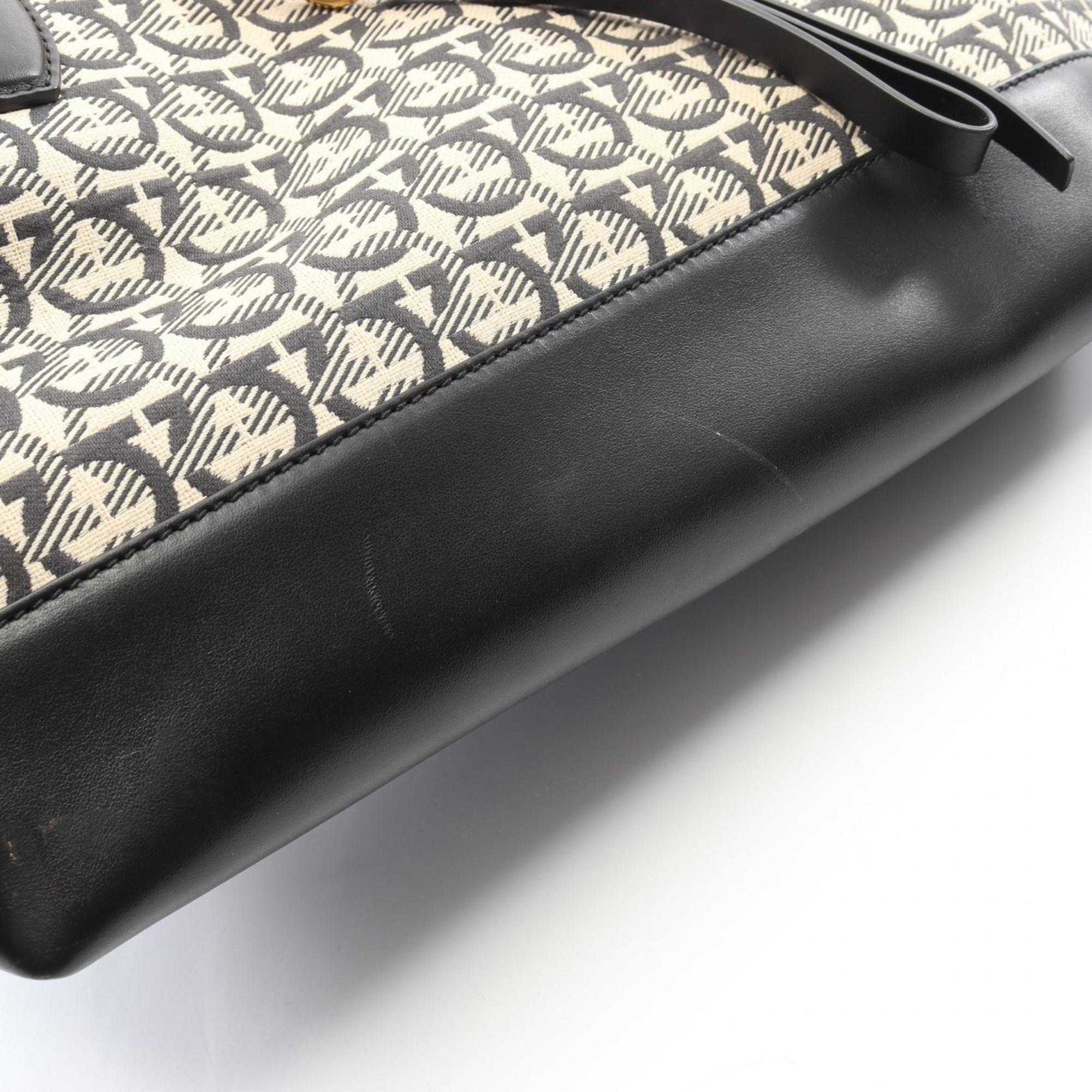Salvatore Ferragamo Beige Black Canvas Leather Pouch Tote Bag (Pre-Owned)