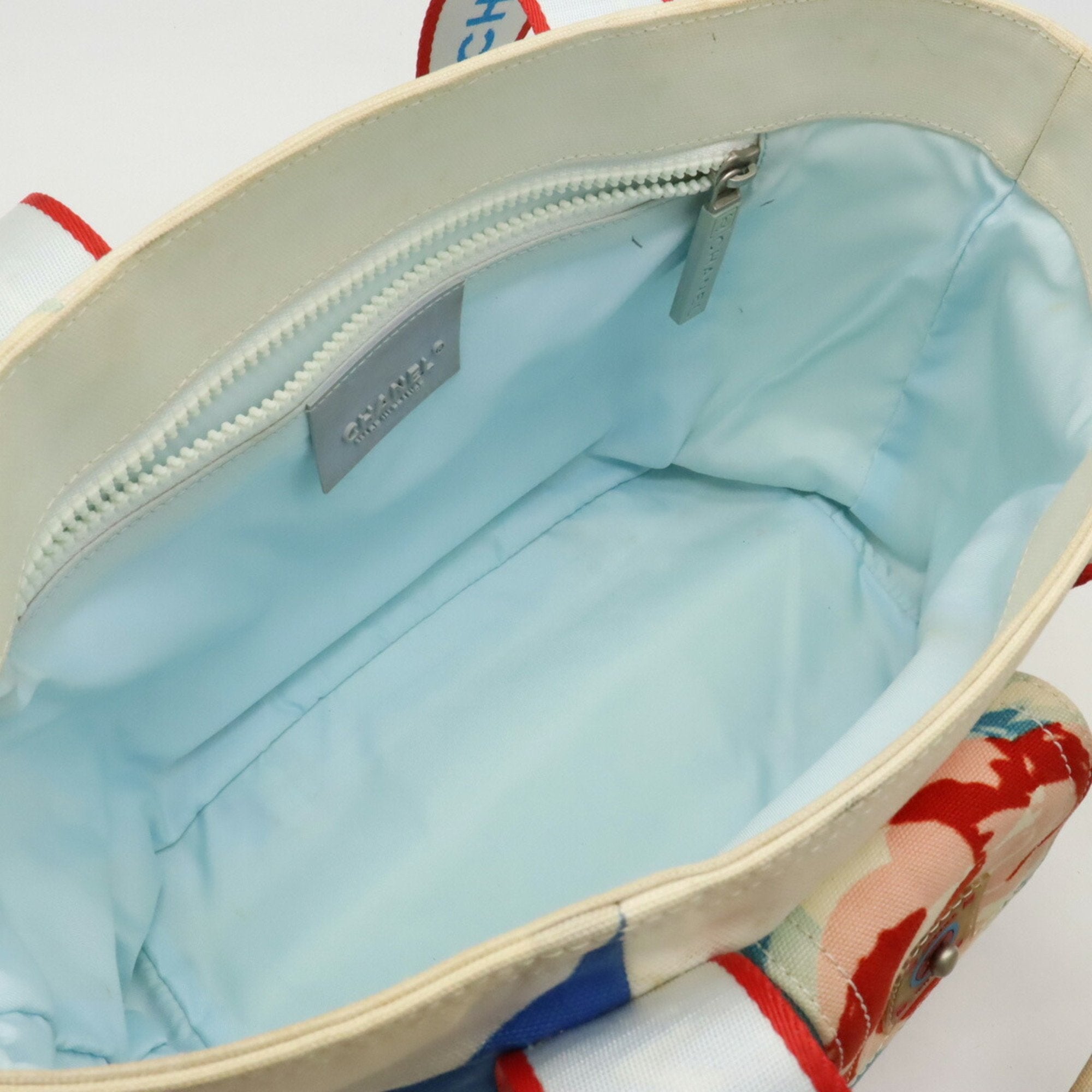 Chanel Ivory Light Blue Red Color Canvas Shoulder Bag Tote Bag (Pre-Owned)