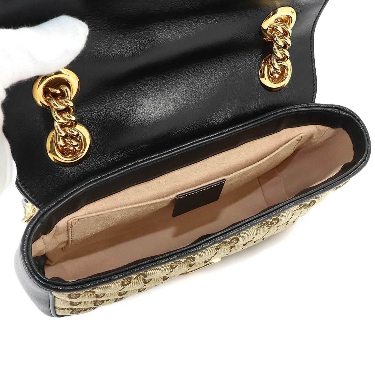 Gucci Gg Marmont Beige Black Gg Canvas Handbag Shoulder Bag (Pre-Owned)