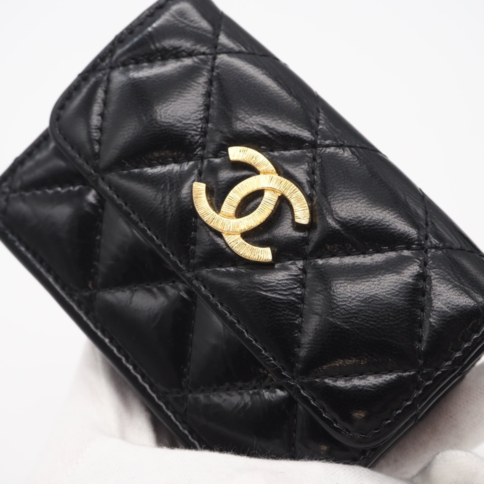 Chanel Matelasse Gold Black Leather Wallet (Tri-Fold) (Pre-Owned)