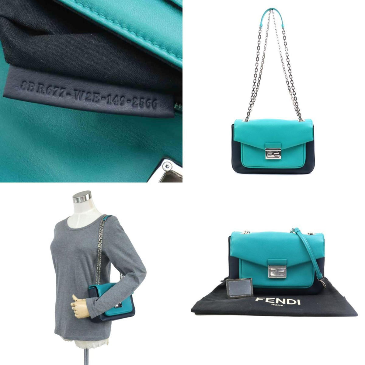 Fendi Green Navy Leather Shoulder Bag (Pre-Owned)