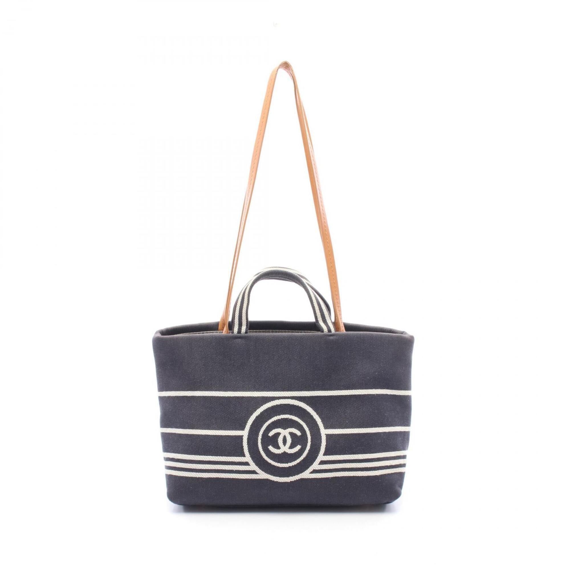 Chanel Brown Navy Denim Leather Handbag Tote Bag (Pre-Owned)