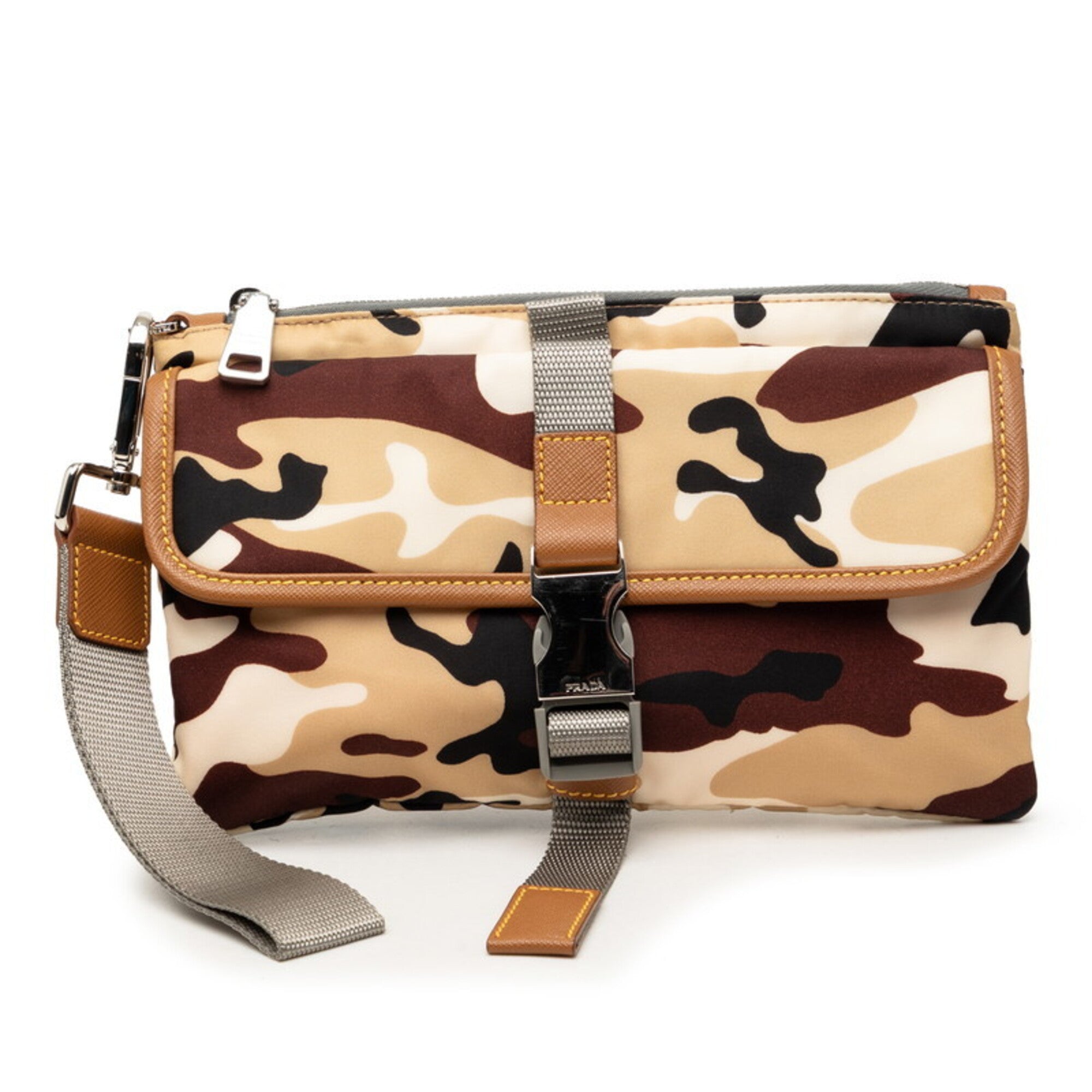 Prada Beige Black Brown Nylon Leather Clutch Bag Handbag Pouch (Pre-Owned)