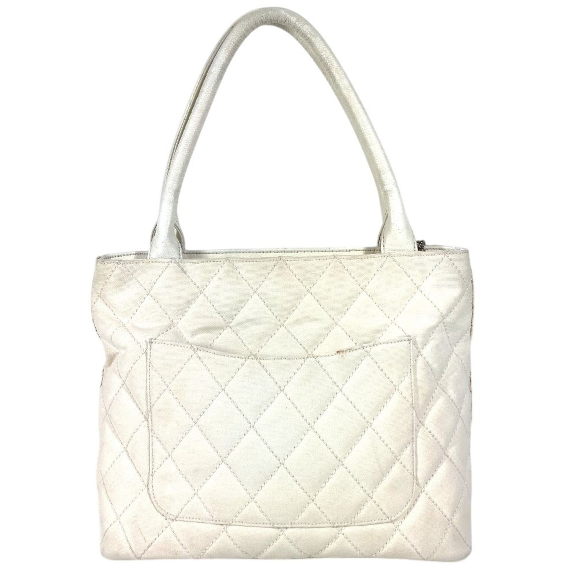 Chanel White Leather Canvas Shoulder Bag Tote Bag (Pre-Owned)