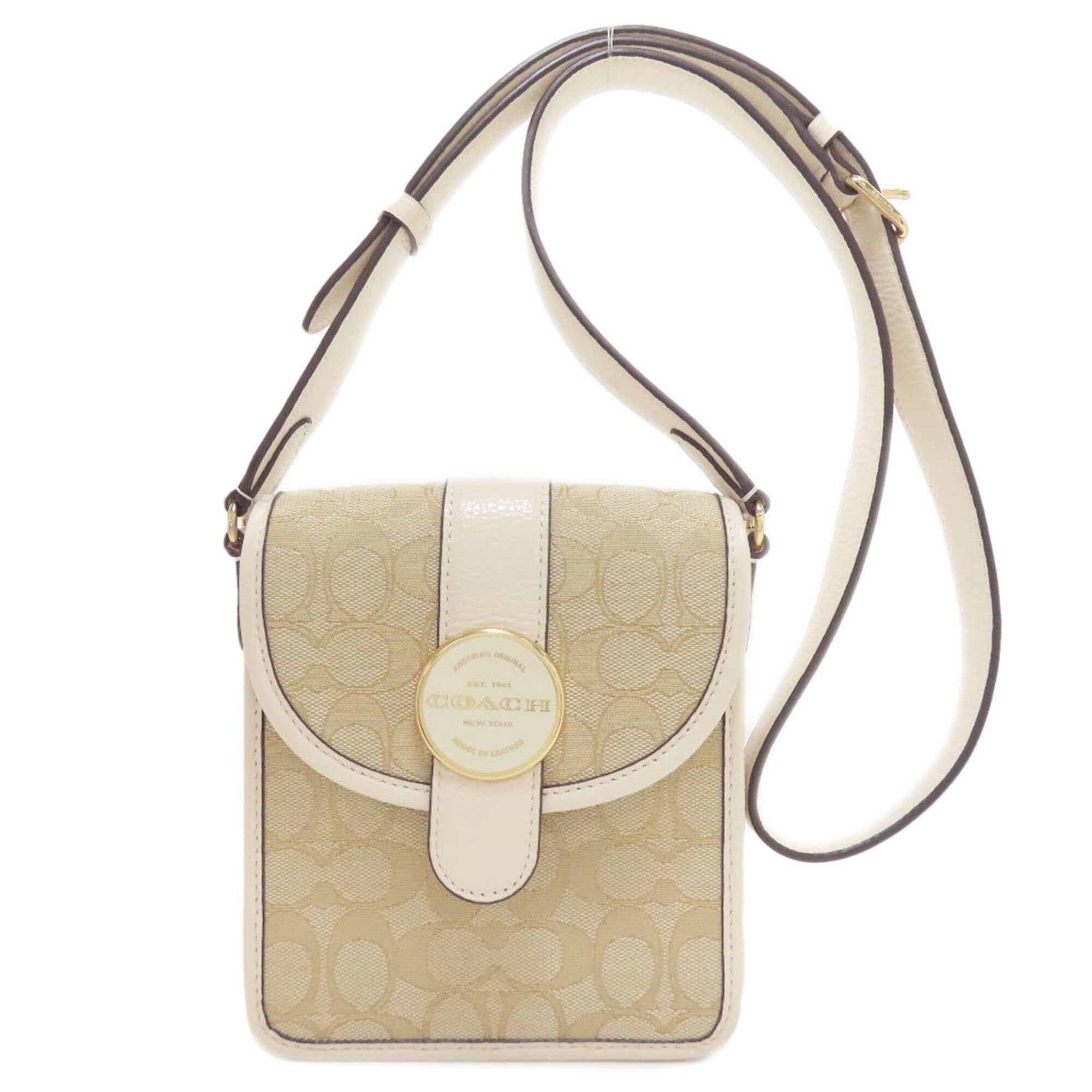 Coach Signature Beige White Canvas Leather Shoulder Bag (Pre-Owned)