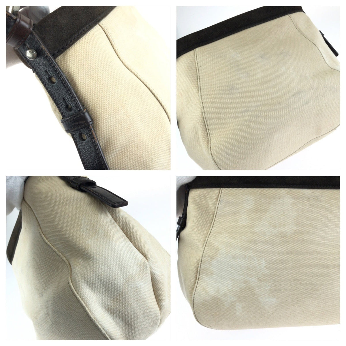 Yves Saint Laurent Brown Ivory White Canvas Leather Shoulder Bag (Pre-Owned)
