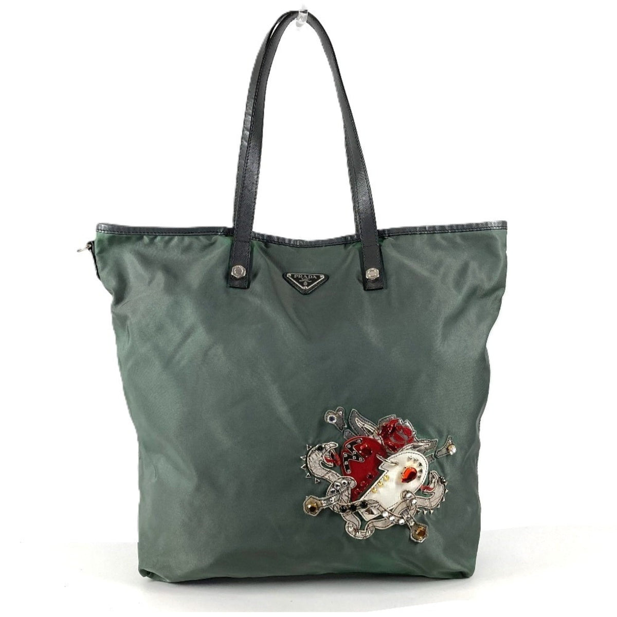 Prada Gray Nylon Leather Shoulder Bag Tote Bag (Pre-Owned)