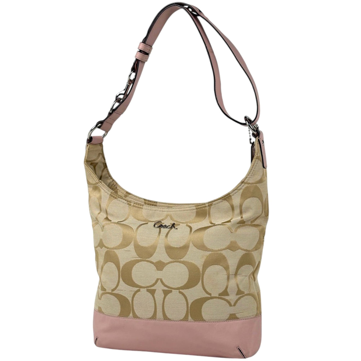 Coach Signature Beige Pink Canvas Leather Shoulder Bag (Pre-Owned)