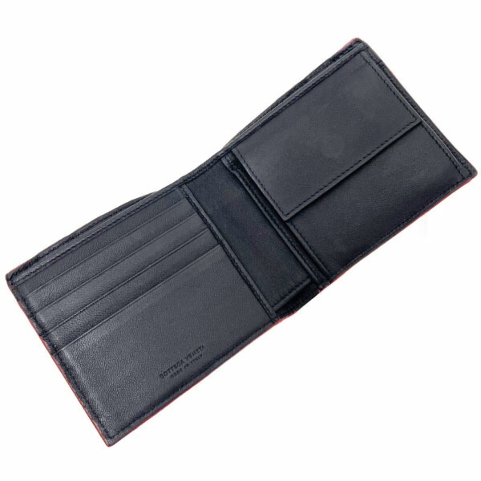 Bottega Veneta Intrecciato Black Navy Red Color Leather Wallet (Bi-Fold) (Pre-Owned)