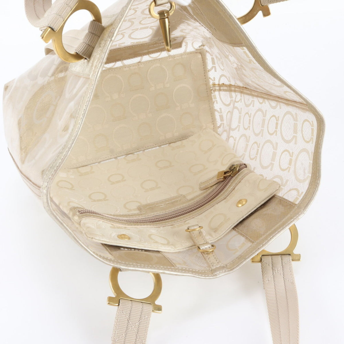 Salvatore Ferragamo Clear Gold Leather Coated Canvas Handbag Shoulder Bag Tote Bag (Pre-Owned)