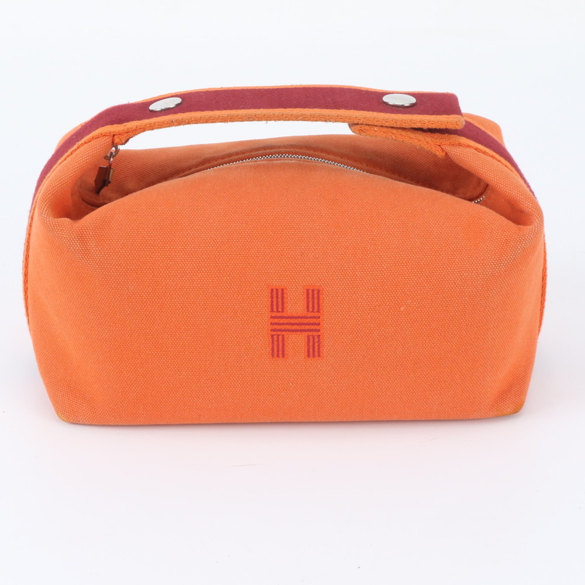 Hermes Orange Red Color Leather Canvas Handbag Pouch (Pre-Owned)