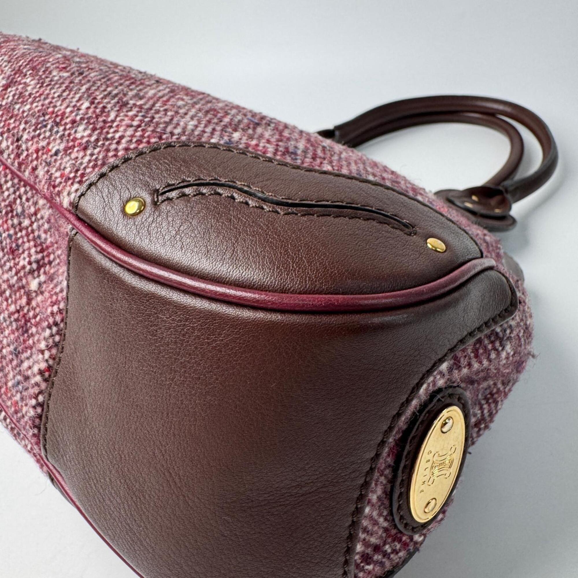 Celine Bordeaux Brown Pink Tweed Leather Handbag (Pre-Owned)