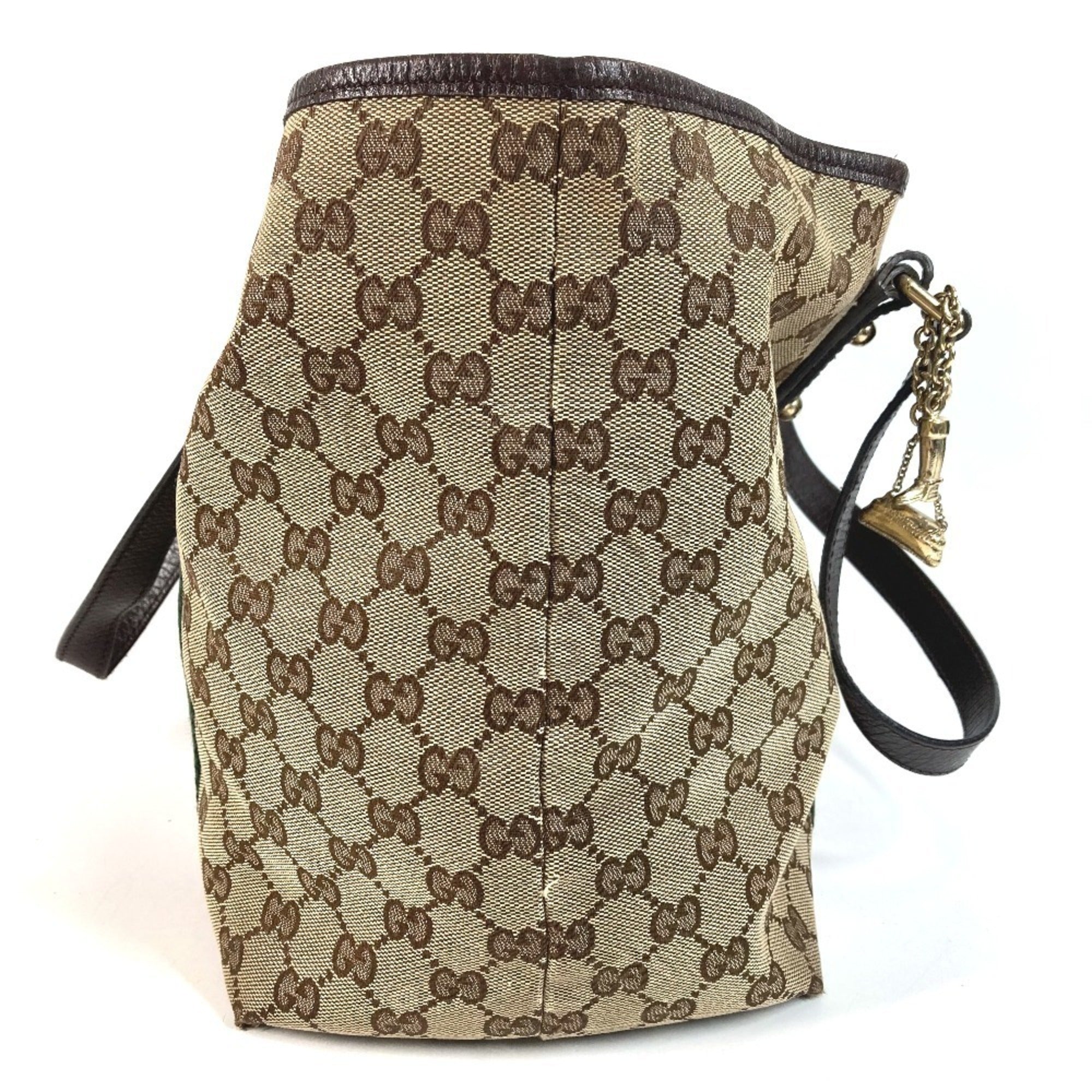 Gucci Sherry Line Beige Dark Brown Gg Canvas Leather Shoulder Bag Tote Bag (Pre-Owned)