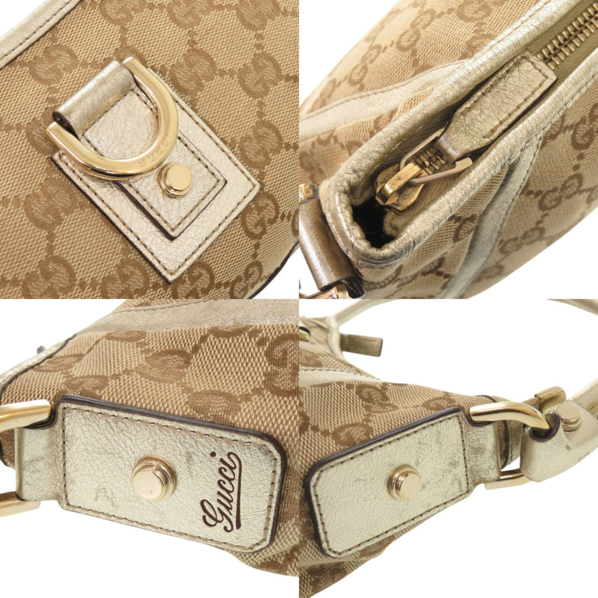 Gucci Beige Gold Gg Canvas Leather Shoulder Bag (Pre-Owned)